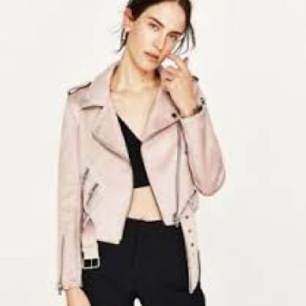 ZARA Moto biker jacket XS pink faux suede, EUC 😍